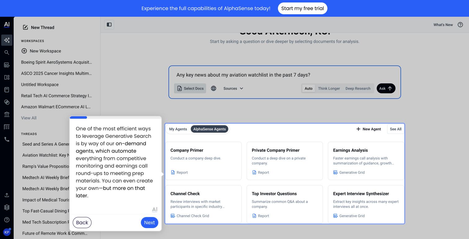 AlphaSense Agent Library 官方导览，展示精选 Agent 与个人 Agent 入口