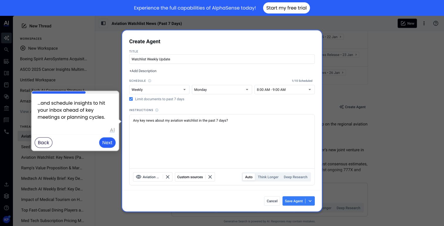 AlphaSense 官方导览中的回答转 Agent 步骤，展示从研究结果创建自动任务